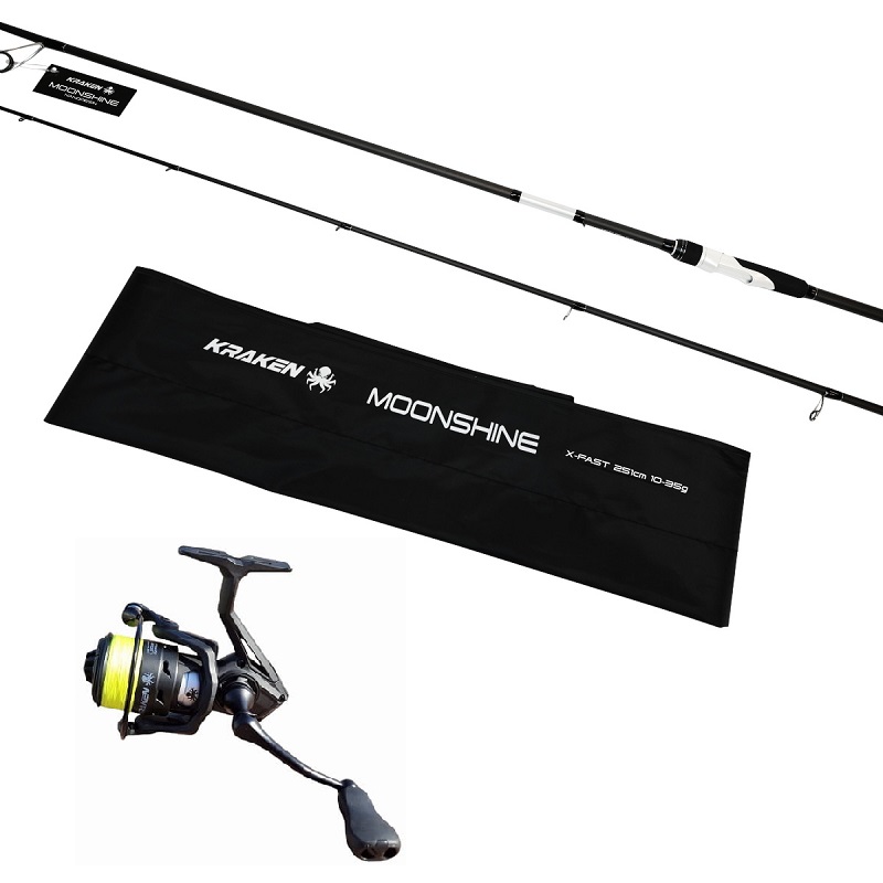 Ensemble Canne Kraken Moonshine 2,51 m 10-35 g (2 brins) + Moulinet Kraken Black Pearl 4000 + Tresse Kraken 9X 0,16 mm Jaune